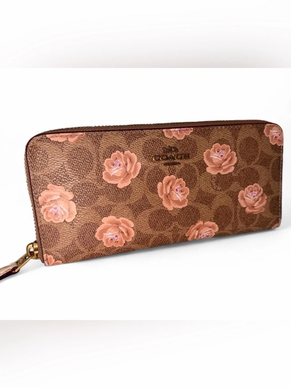 Coach Brown Signature Monogram Gold Zip Wallet with Pink Floral Motif